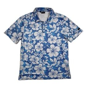 Yatta Golf Mens Large Blue White Hibiscus Floral Performance Polo Shirt Stretch